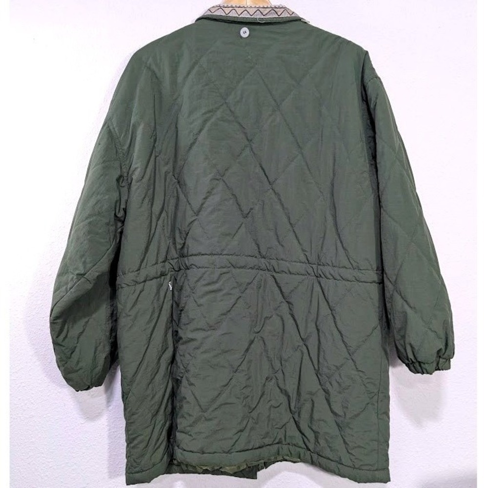 Vintage Olive Green M Quilted Parka Jacket Patterned Collar Drawstring Waist - Picture 3 of 11